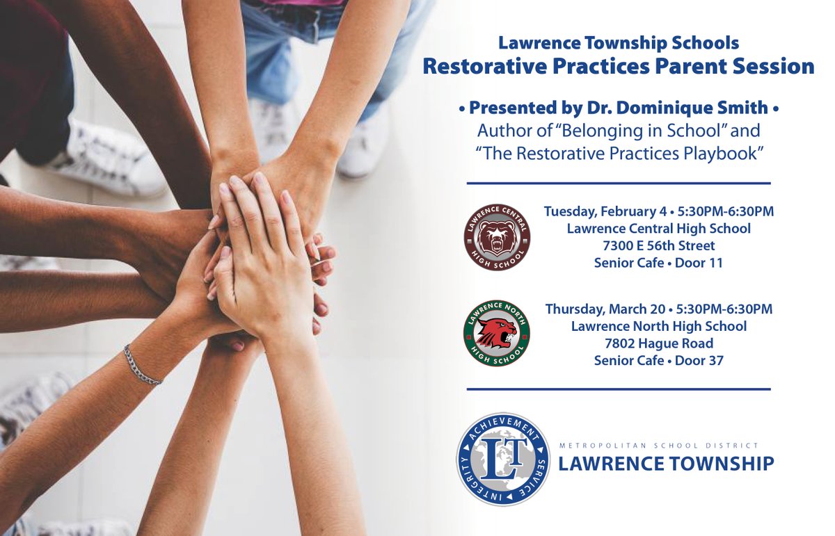 Save the Date for two opportunities this semester for our spring Restorative Practices Parent Sessions with <a href="/domsmithRP/">Dominique Smith Ed.D</a>! Join us on February 4 at @LCHSbears or on March 20 at <a href="/LNHSwildcats/">Lawrence North</a>!