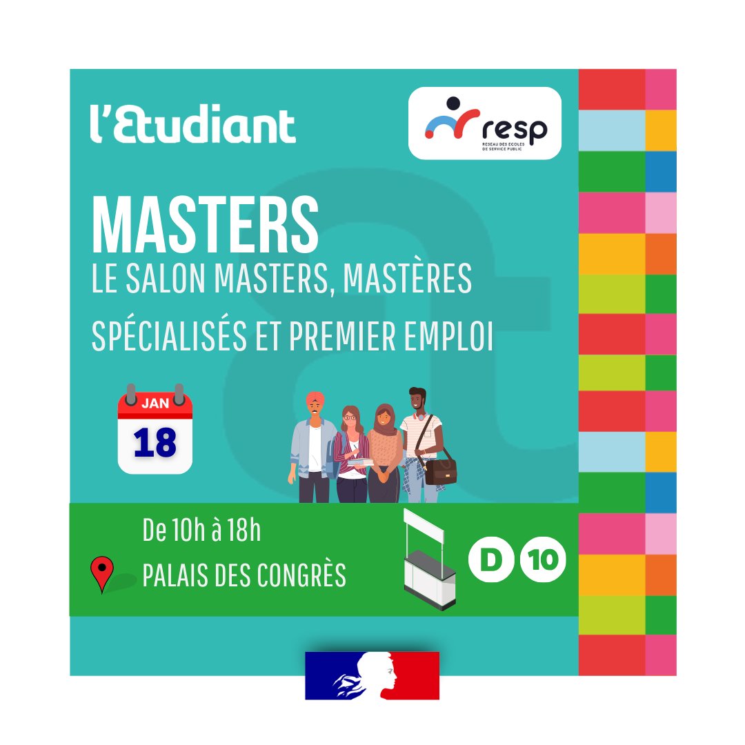🚀 #Recrutement | Les équipes de la <a href="/dgfip_officiel/">Direction générale des Finances publiques</a>  seront présentes au Salon de <a href="/letudiant/">l'Etudiant</a> MASTERS à Paris le 18 janvier 2025 sous la bannière du RESP.
📆 18 janvier 2025
🕞 10h à 18h
📍 Palais des Congrès - Stand : D10
🎟️  inscription au salon : …emier-emploi-paris.salon.letudiant.fr