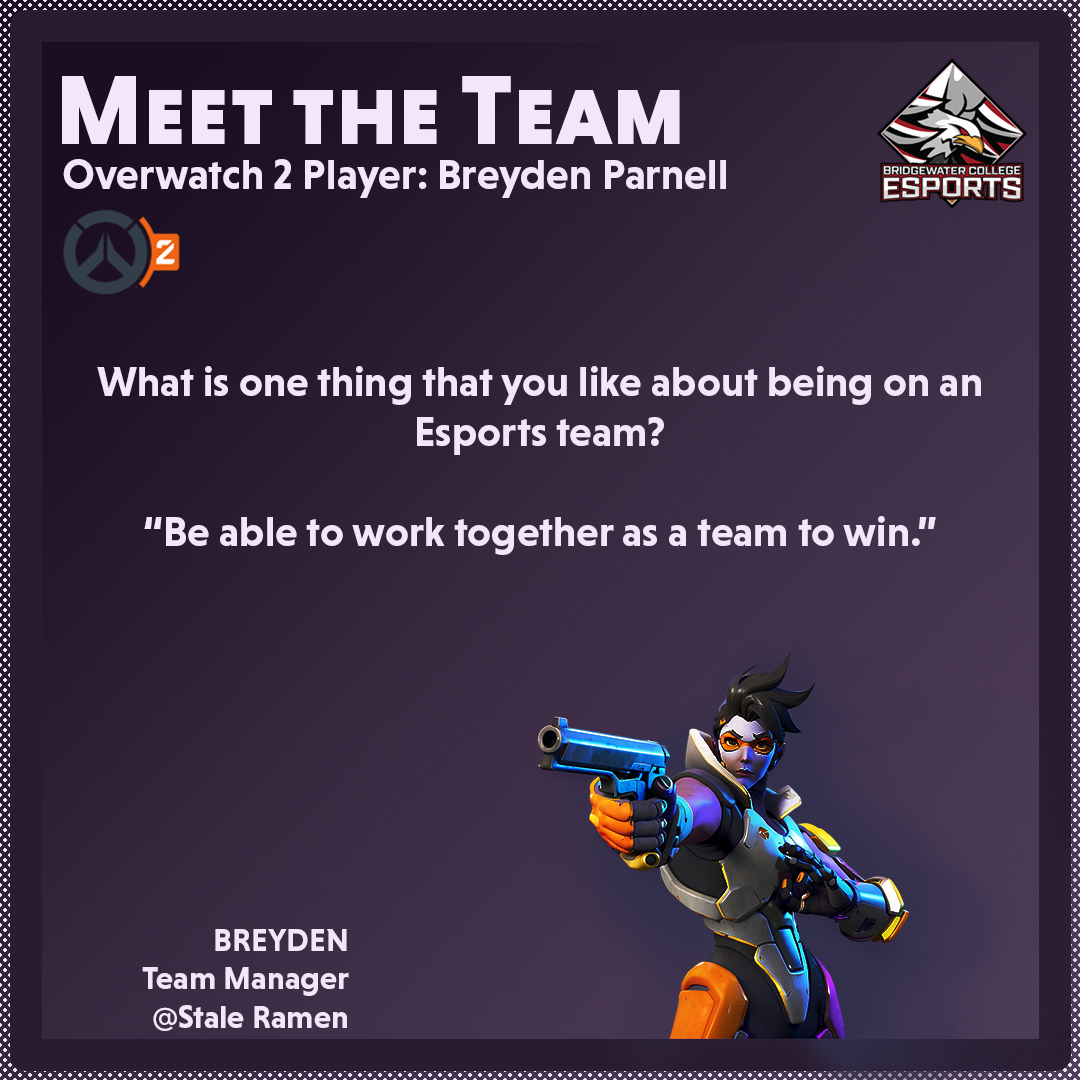 It's Team Tuesday!
Breyden Parnell, "Stale Ramen", is one of our Overwatch 2 players. He is a Freshman majoring in Computer Science and Game Design.
#teamtuesday #team #teamplayer #gamedesign #computerscience #esports #bridgewatercollege #overwatch2