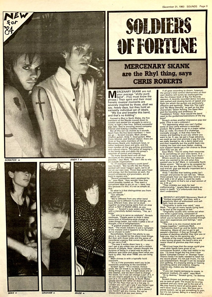 ZoundsAbound's tweet photo. Features from Chris Roberts as he joins North Wales Punks, #MercenarySkank, Mark Putterford hears how Terraplane have improved their interview techniques since last with Garry Bushell, Steve Keaton nods approval to #InExcelsis & Philip Bell meets #Liaison
Sounds Dec 31st 1983 https://t.co/hQWKXQkSEG