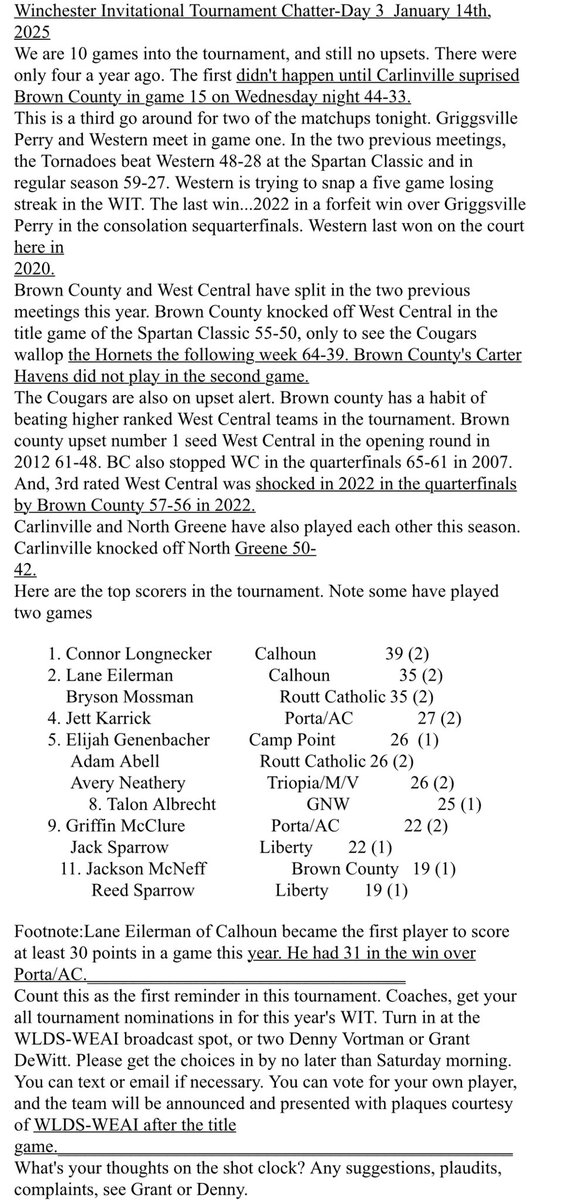 WITTourney's tweet photo. 102nd WIT - Day #3

Gates will open at 4:30pm
Gym doors will open 5:00pm

5:30pm - #9 Griggsville-Perry vs. #16 Western

7:00pm - #12 Carlinville vs. #13 North Greene

8:30pm - #2 West Central vs. #7 Brown County 

Picture includes the daily WIT chatter provided by WEAI. https://t.co/pvKNUYnVk9