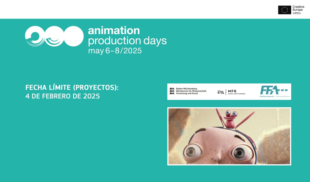 OficinaMEDIAEs's tweet photo. Animation Production Days tendrá lugar del 6 al 8 de mayo de 2025 y su convocatoria se encuentra abierta.
Fecha límite: 4 de febrero de 2025.
Más info > https://t.co/RcM5USUhjk
#AnimationProductionDays #APD #Animación https://t.co/7FjGblPklh