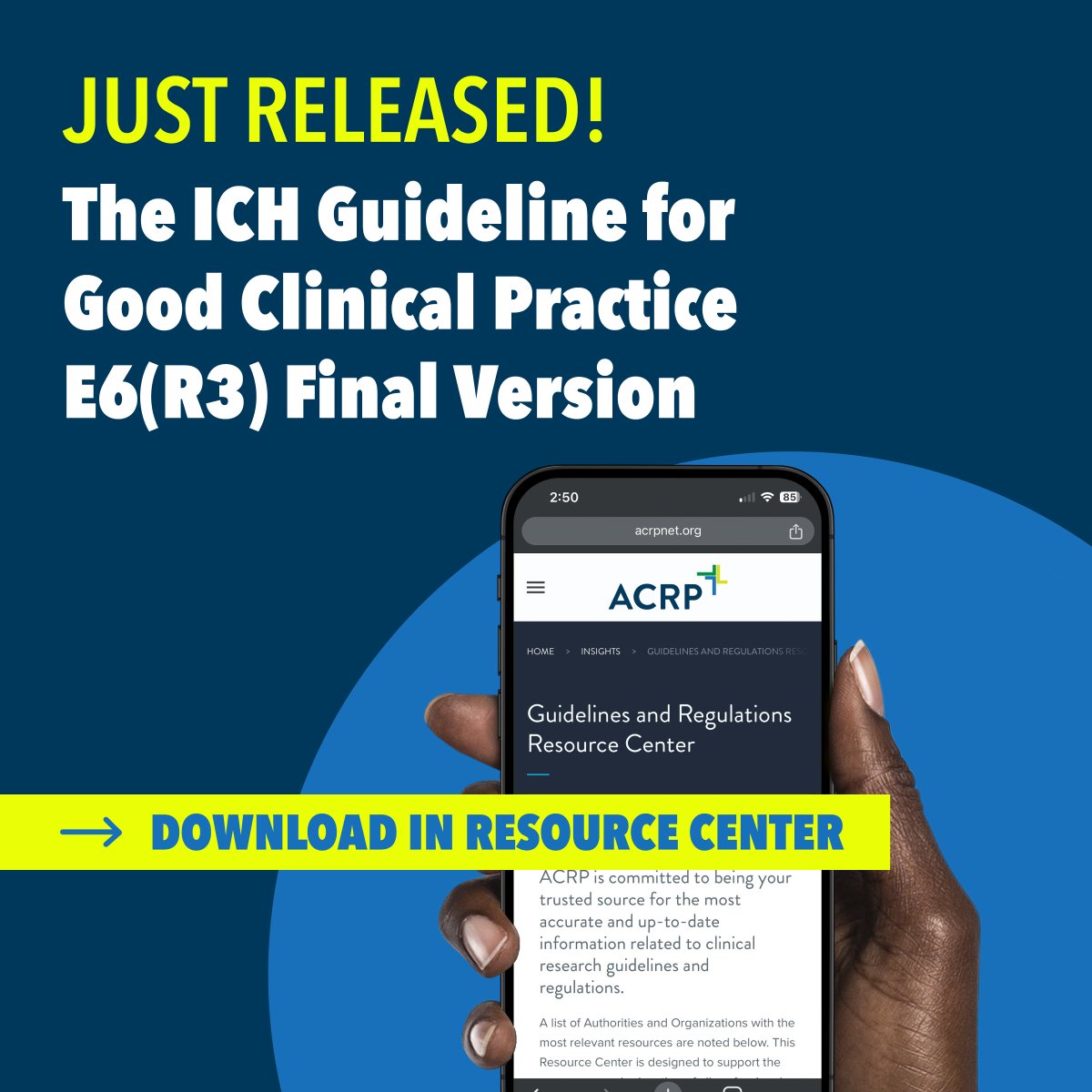 ACRPDC's tweet image. The final version of ICH E6(R3) was released today to the public. You can download the document in ACRP&apos;s Guidelines and Regulations Resource Center &amp;gt; acrpnet.org/insights/guide…

#ICH #ICHguidelines #ICHE6R3 #GoodClinicalPractice #GCP #ClinicalResearch #ClinicalTrials #ACRP