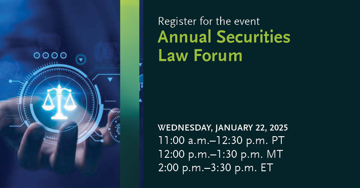 BennettJonesLaw's tweet photo. Join us for our Securities Law Forum on Wednesday, January 22, 2025. Gain valuable insights into key developments in securities law, recent case law, and securities litigation. Register now for more details and to secure your spot: https://t.co/F3FxacwGn0 https://t.co/7Go3dwfA5y
