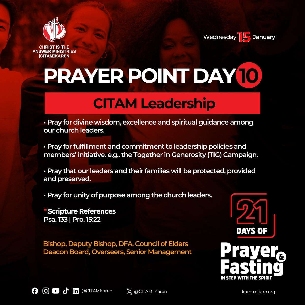 CITAM_Karen's tweet photo. Day 10: CITAM leadership
π Scripture References:
-Psalm 133
- Proverbs 15:22
#CITAMLeadership #prayerandfasting2025 #citamkaren https://t.co/zqnlQbAl3V