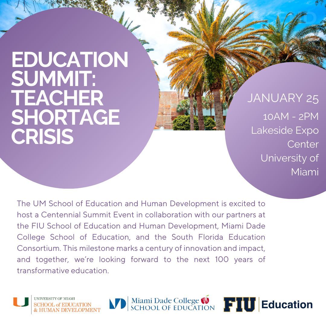 Join us for the Education Summit: Teacher Shortage Crisis on January 25 at the Lakeside Expo Center, University of Miami! Together, we’ll explore innovative solutions to one of education’s biggest challenges. Don’t miss this pivotal conversation—mark your calendar! 🗓️✨