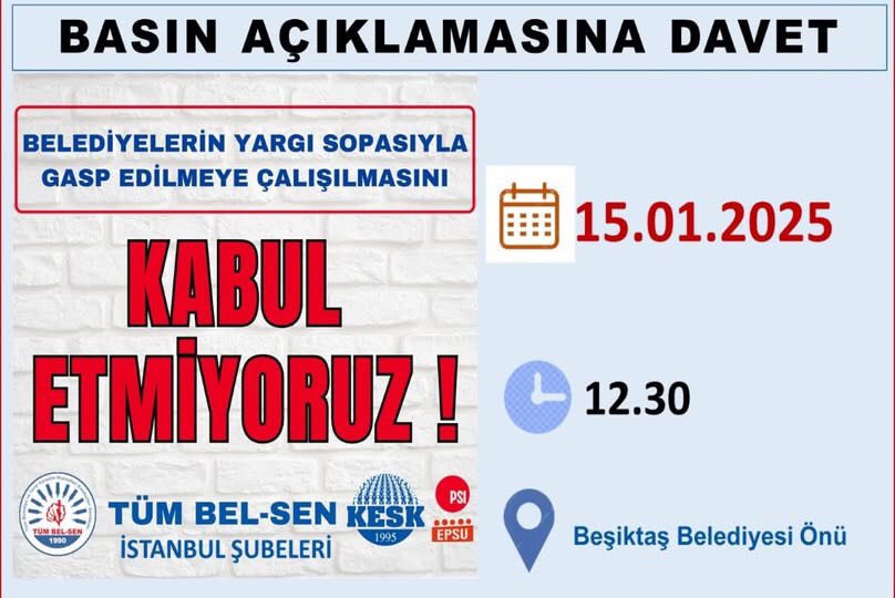 15 Ocak Çarşamba günü saat 12.30’da Beşiktaş Belediyesi önünde TÜM BEL-SEN İSTANBUL ŞUBELERİ olarak yapacağımız BASIN AÇIKLAMASINA tüm emekçileri davet ediyoruz!
#besiktasbelediyesi #kayyımdarbedir