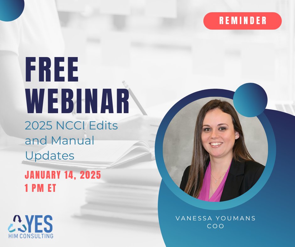 YesHIMconsult's tweet image. ⏰ ONE HOUR TO GO! Our 2025 NCCI Edits and Manual Updates webinar starts soon. Missed registration? Explore our upcoming & past webinars: ow.ly/FSZl50UFF2c
#YESHIMConsulting #MedicalCoding #MedicalCodingUpdates #2025NCCI #NCCI2025 #NCCIEdits #Webinar #FreeWebinar