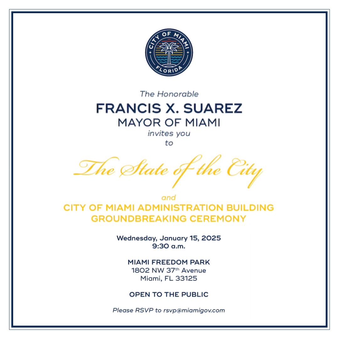 FrancisSuarez's tweet photo. Tomorrow, I deliver my final State of the City as Mayor of the greatest city in the world.

Miami was on the brink of bankruptcy when I took office—but together—we've turned this city around and made it a model for success nationwide.

Join us as we look to the future. https://t.co/qVVwsKzRWO