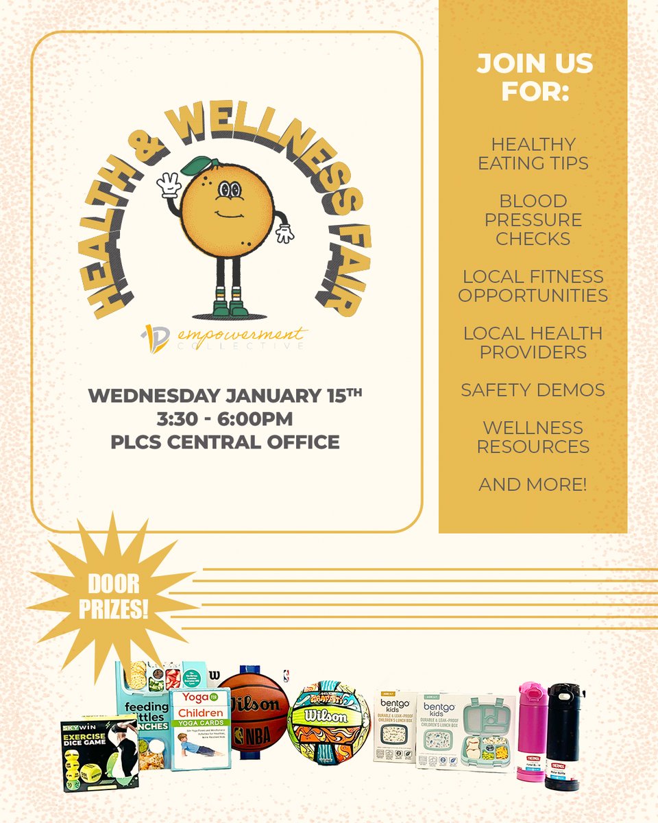 🍊 Tomorrow's the big day! Join us for an afternoon of wellness wisdom AND a chance to win some amazing door prizes. Stop by the PLCS Central Office between 3:30-6:00pm - your health journey (and maybe a cool prize) awaits! 🎉