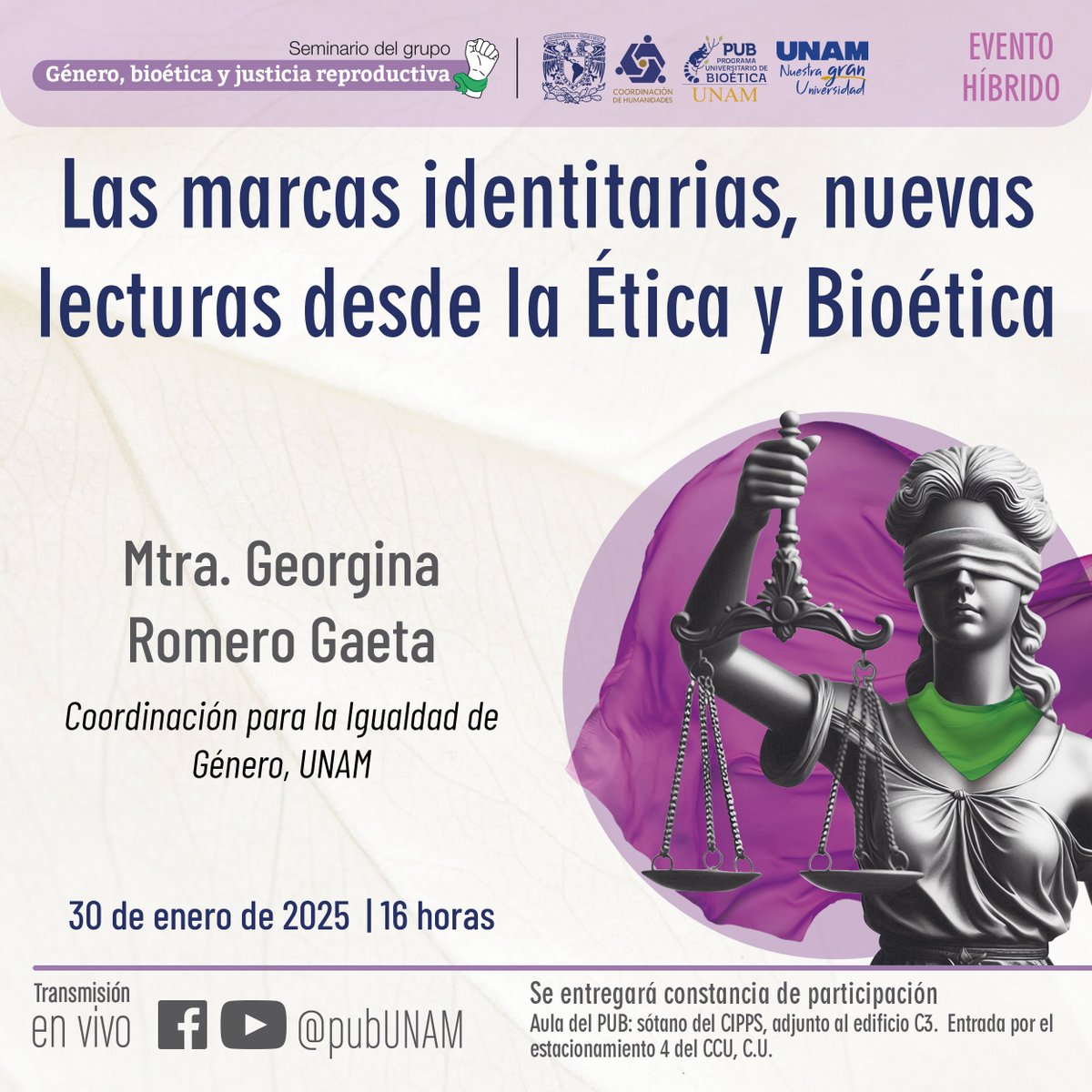 bioeticaunam's tweet photo. ¡Está de vuelta el seminario #GBJR! 💜💚
Acompáñanos y dialoguemos sobre las marcas identitarias, nuevas lecturas desde la Ética y Bioética, con la Mtra. Georgina Romero Gaeta. 
 #JusticiaReproductiva #Género https://t.co/dauvgkiMgK