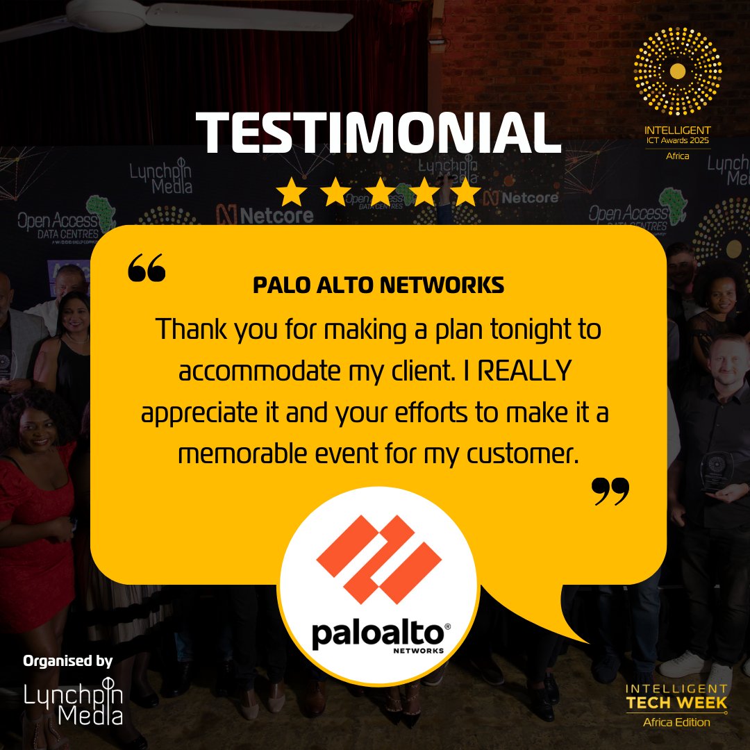IntICTAwards's tweet photo. A big thank you to @PaloAltoNtwks for their kind words!

This year, the Intelligent ICT Awards promises to be even bigger - celebrating innovation, networking &amp; industry leadership. 

Ready to showcase your brand? Partner with us as a sponsor! 

📧 jodie@lynchpinmedia.com https://t.co/0YhliwvFo9