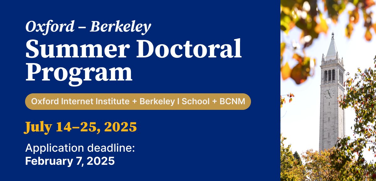 BerkeleyISchool's tweet photo. Ph.D. students: Develop your thesis and learn from leading academics in the field of information and internet studies. The I School, @calnewmedia, & @oiioxford have launched the Summer Doctoral Program!
Apply by Feb. 7 #OIISDP #OIIBerkeleySDP
https://t.co/tMHhAij6a1 https://t.co/dCyAvWmdJG