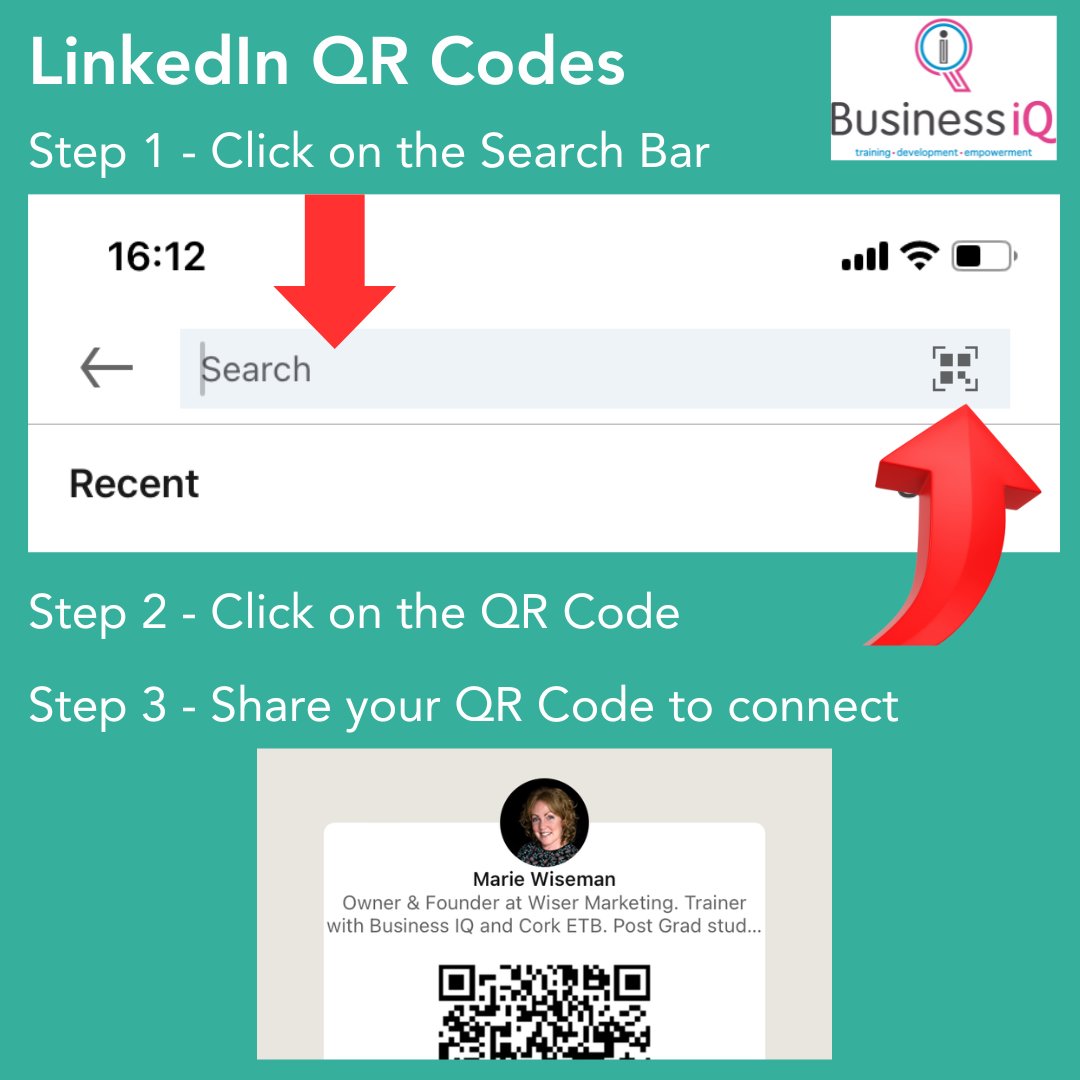 Business IQ Training (@businessiqcork) on Twitter photo Did you know you can connect with others through your LinkedIn QR code?
Open the LinkedIn app on your mobile and tap the Search bar. A symbol for a QR code should appear on the right. Tap this to reveal your unique QR code which people can scan to link with you.  #networking Did you know you can connect with others through your LinkedIn QR code?
Open the LinkedIn app on your mobile and tap the Search bar. A symbol for a QR code should appear on the right. Tap this to reveal your unique QR code which people can scan to link with you.  #networking