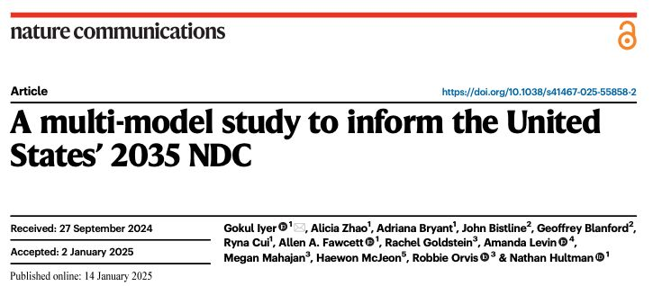 New research in <a href="/NatureComms/">Nature Communications</a> on the U.S. #NDC 📣
A new study, led by <a href="/CtrGlobSust/">Center for Global Sustainability</a> with 4 U.S. modeling teams, shows that an expanded set of federal and state policies, going beyond current policies, could reduce economy-wide emissions by 56-67% by 2035: nature.com/articles/s4146…