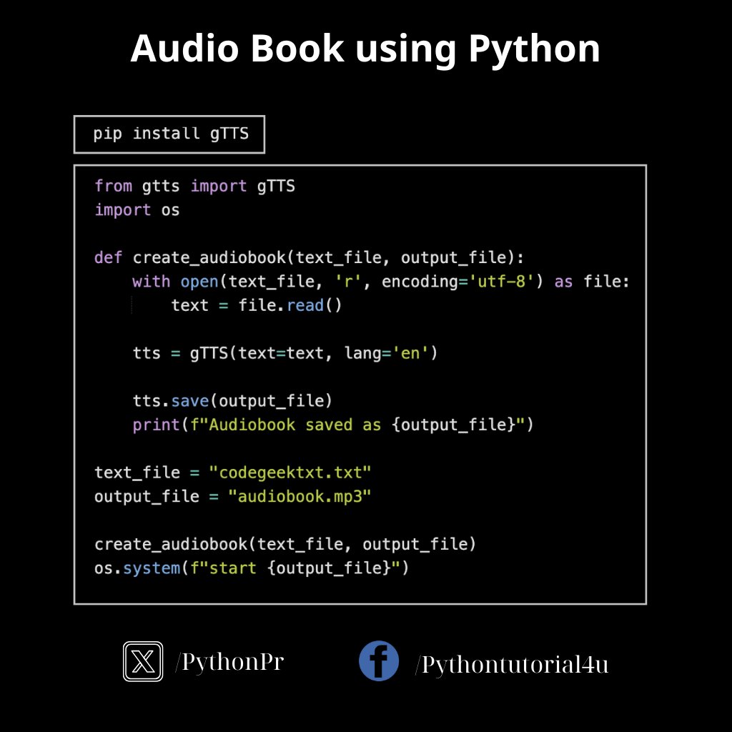 PythonPr's tweet image. Audio Book using Python
#python #pythonpr