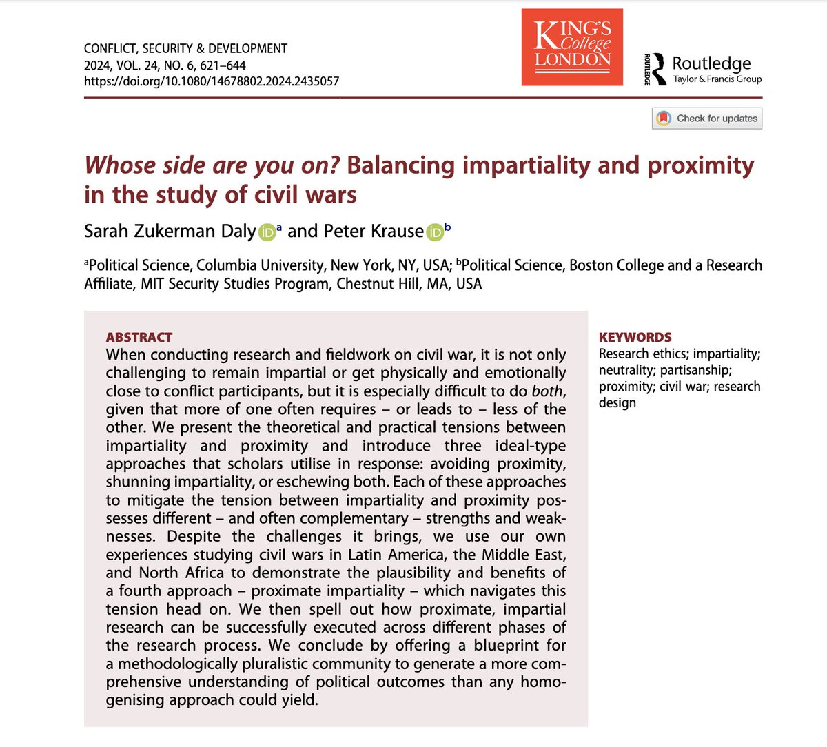 Peter Krause (@peterjpkrause) on Twitter photo My new article w <a href="/sarahzdaly/">Sarah Zukerman Daly</a> now physically published. New link for 50 free copies in next post, write me for one if it runs out. Please see pinned thread for details. "Whose Side Are You On? Balancing Impartiality and Proximity in the Study of Civil Wars" <a href="/BCBookmarks/">BC Bookmarks</a> <a href="/MIT_SSP/">MIT SSP</a> My new article w <a href="/sarahzdaly/">Sarah Zukerman Daly</a> now physically published. New link for 50 free copies in next post, write me for one if it runs out. Please see pinned thread for details. "Whose Side Are You On? Balancing Impartiality and Proximity in the Study of Civil Wars" <a href="/BCBookmarks/">BC Bookmarks</a> <a href="/MIT_SSP/">MIT SSP</a>