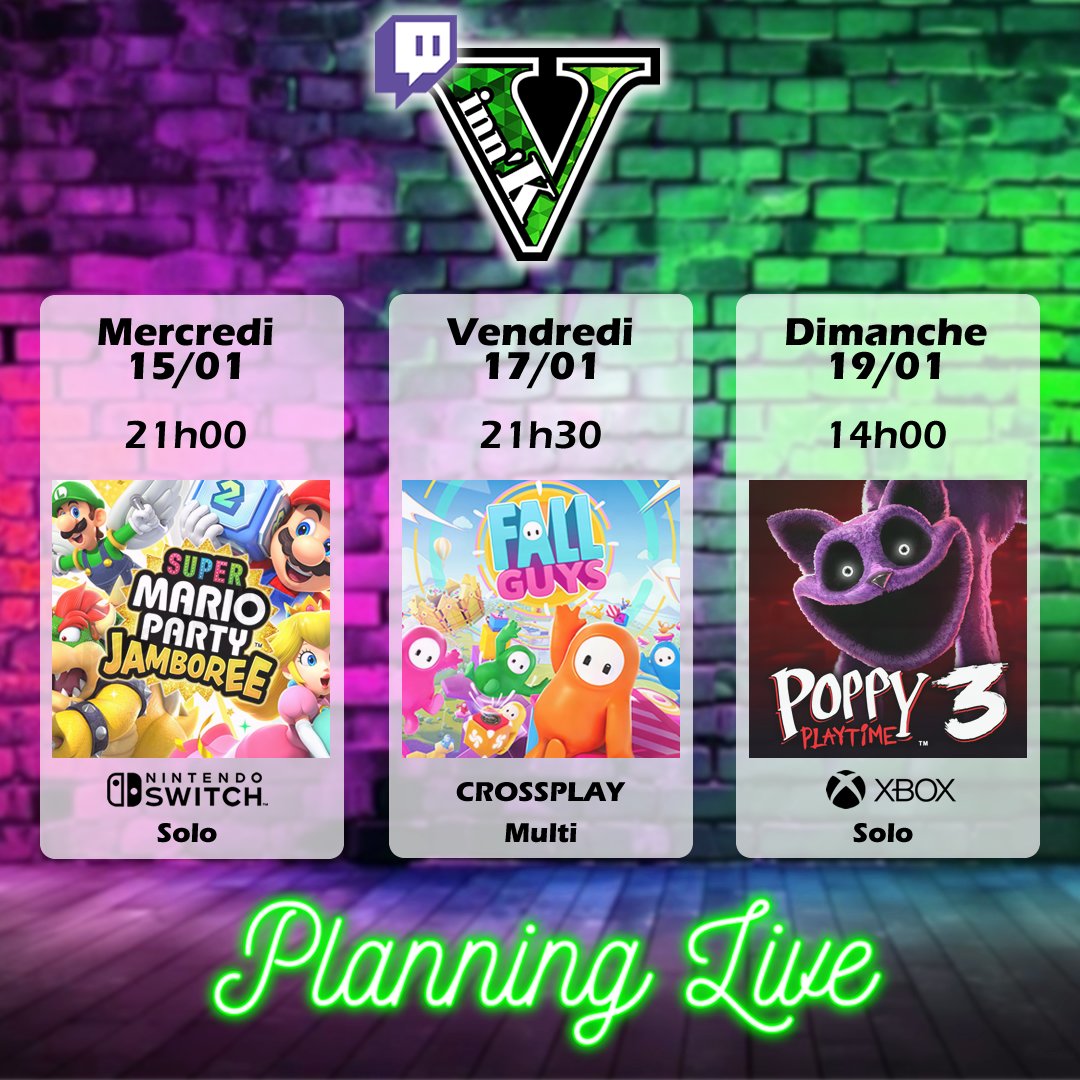 VinnK9's tweet photo. -- PLANNING --

⚡ Mercredi 15 janvier à 21h00, live sur 𝙎𝙐𝙋𝙀𝙍 𝙈𝘼𝙍𝙄𝙊 𝙋𝘼𝙍𝙏𝙔 𝙅𝘼𝙈𝘽𝙊𝙍𝙀𝙀
⚡ Vendredi 17 janvier à 21h30, live sur 𝙁𝘼𝙇𝙇 𝙂𝙐𝙔𝙎
⚡ Dimanche 19 janvier à 14h00, live sur 𝙋𝙊𝙋𝙋𝙔 𝙋𝙇𝘼𝙔𝙏𝙄𝙈𝙀 𝟯

https://t.co/2t3KPSY0HA

#vinnk https://t.co/99JJKF0m4p
