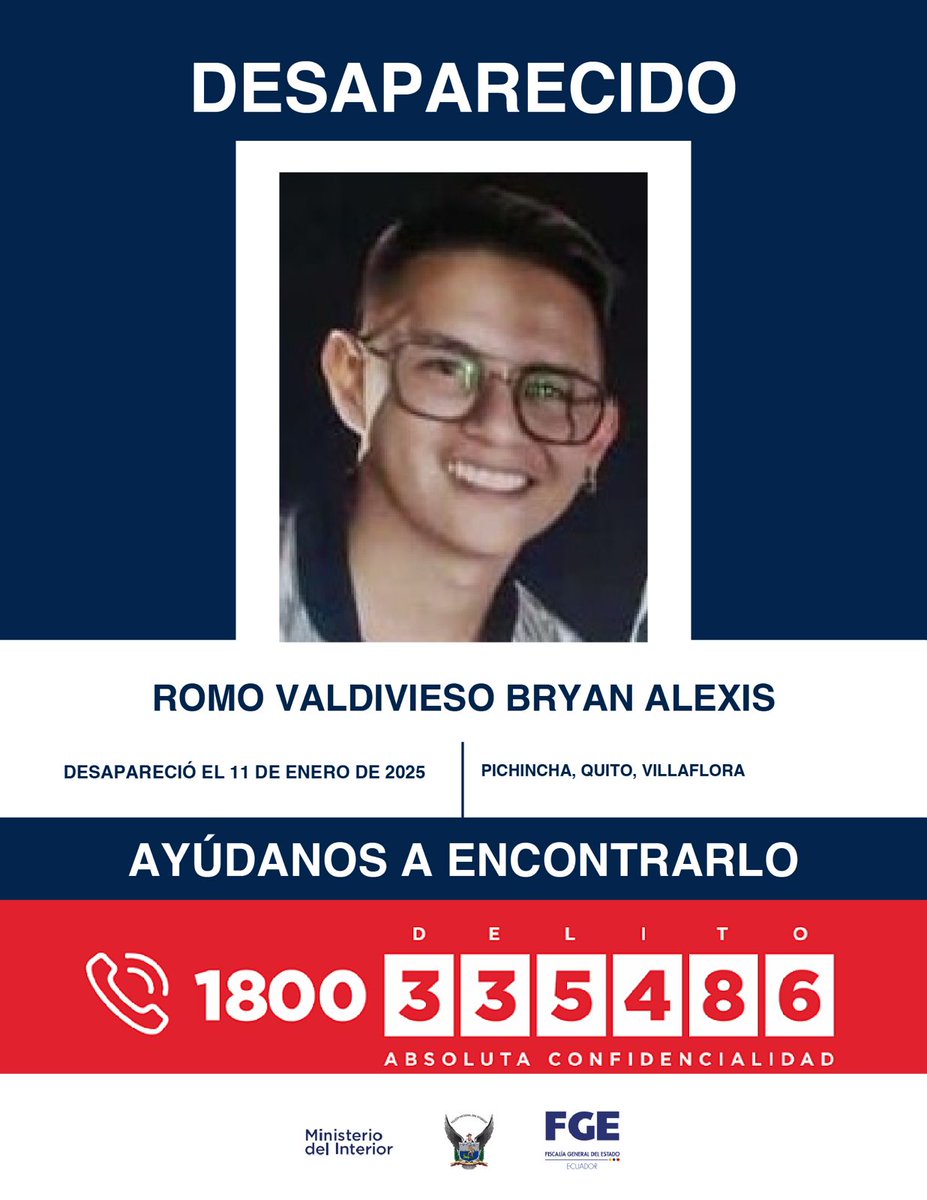 ‼️#URGENTE
Bryan Alexis Romo Valdivieso está reportado como desaparecido. Si tienes información de su paradero, comunícate con las autoridades.
