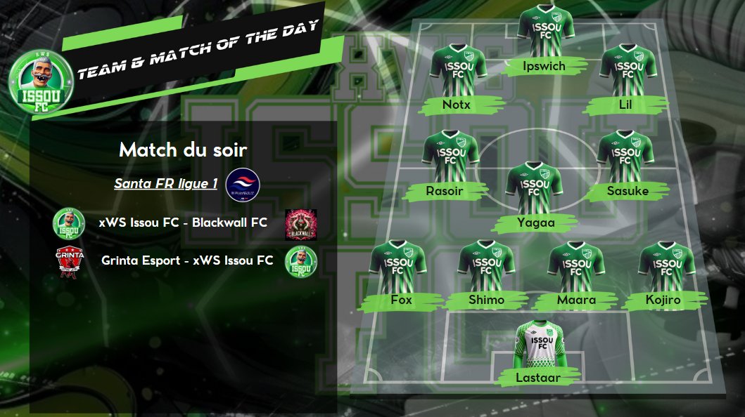 xWS Issou FC (@xws_issou_fc) on Twitter photo On est repartit ce soir 2 matchs de Santa Major L1
Grinta et Black wall seront nos adversaires
<a href="/xWorld_St4rs/">xWorld St4rs</a> <a href="/TheDream_SMG/">Santa Major Games</a> On est repartit ce soir 2 matchs de Santa Major L1
Grinta et Black wall seront nos adversaires
<a href="/xWorld_St4rs/">xWorld St4rs</a> <a href="/TheDream_SMG/">Santa Major Games</a>