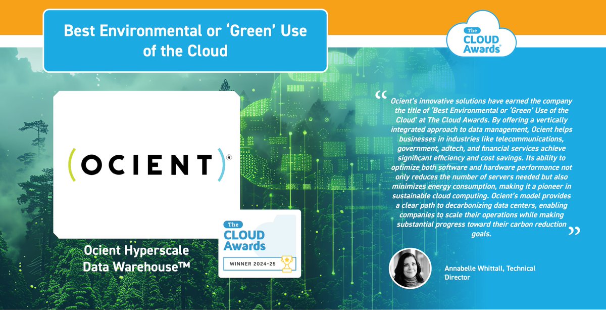 📣 Did you hear? 
🏆Ocient has been named The Cloud Awards Winner for Best Environmental Use of the Cloud! 

Click to learn more about what sets Ocient's approach to efficient software solutions apart from the pack 👉 ocient.com/energy-efficie…