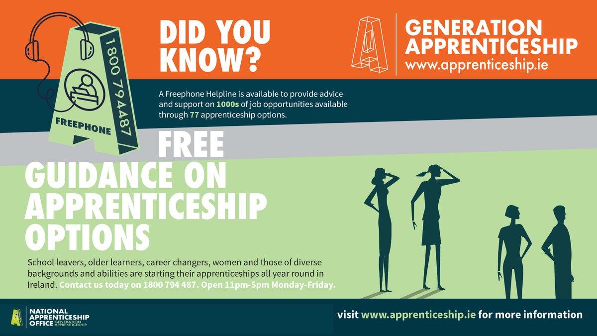 📢Did you know you gain free guidance on apprenticeships by calling our FREEPHONE helpline?

☎️Whether a student, parent, guidance counsellor or career seeker, you can call us on 1800 794 487 Monday to Friday (11am-5pm) to find information on 77 #GenerationApprenticeship careers!