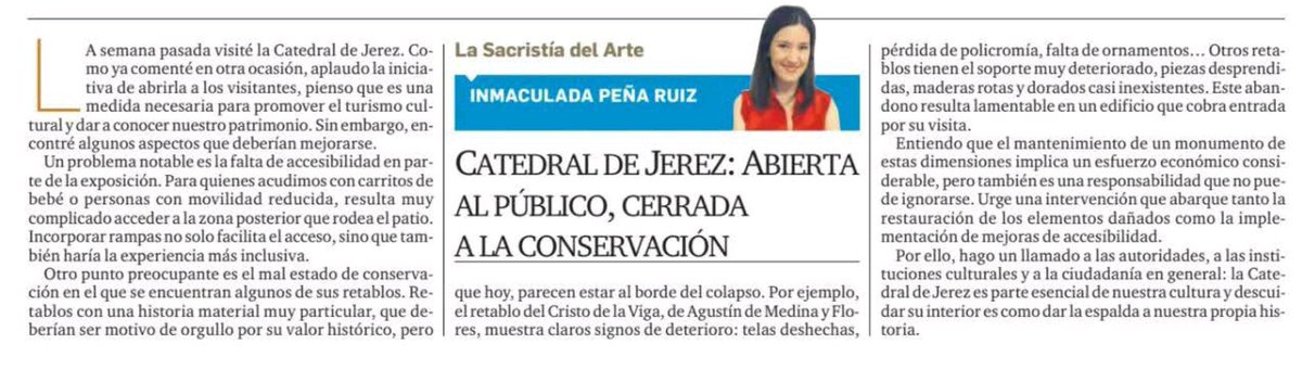 He visitado la Catedral y me preocupa el estado de conservación de sus retablos y la falta de accesibilidad. Es fundamental tomar medidas para preservar este símbolo de nuestro patrimonio...

#CatedralDeJerez #ConservaciónDelPatrimonio #RetablosHistoricos
diariodejerez.es/opinion/analis…