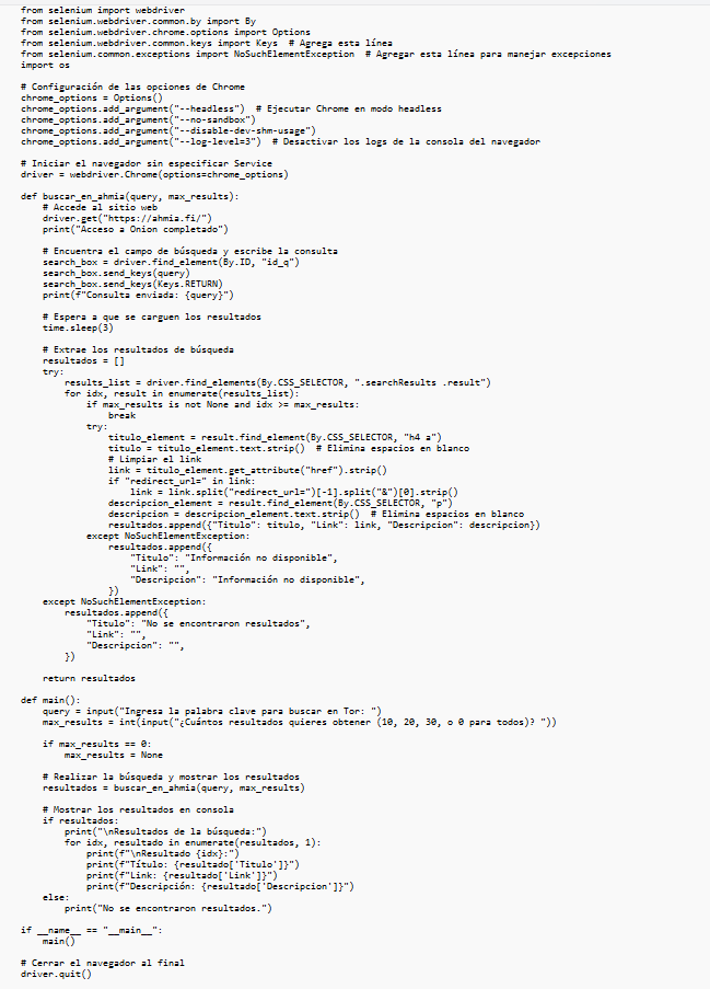 ivancastl's tweet photo. Este script en Python te permitirá encontrar información en la dark web, importante en investigaciones OSINT.

Desde la consola, puedes obtener la palabra clave, por ejemplo, "drugs", y traer las coincidencias, que pueden ser 10, 20, 30 resultados o todos. Te traerá el título, el enlace y la descripción. Una vez teniendo el enlace Onion, deberás ir al navegador Tor e indagar en el sitio.

Instalación: Descarga ChromeDriver desde https://t.co/aHwt8dAb82 y ejecútalo con Python desde cualquier consola.

¿Cómo funciona?
ChromeDriver va al sitio https://t.co/AdNQc41QdN, accede al formulario, hace la consulta, luego pulsa el botón "Search", obtiene los resultados y trae las consultas a tu gusto.

También puedes adaptarlo a bots en Telegram, sitios propios o algún sistema de monitoreo.

Link del script: https://t.co/tsxd8j0YrD

#python #OSINT #onion