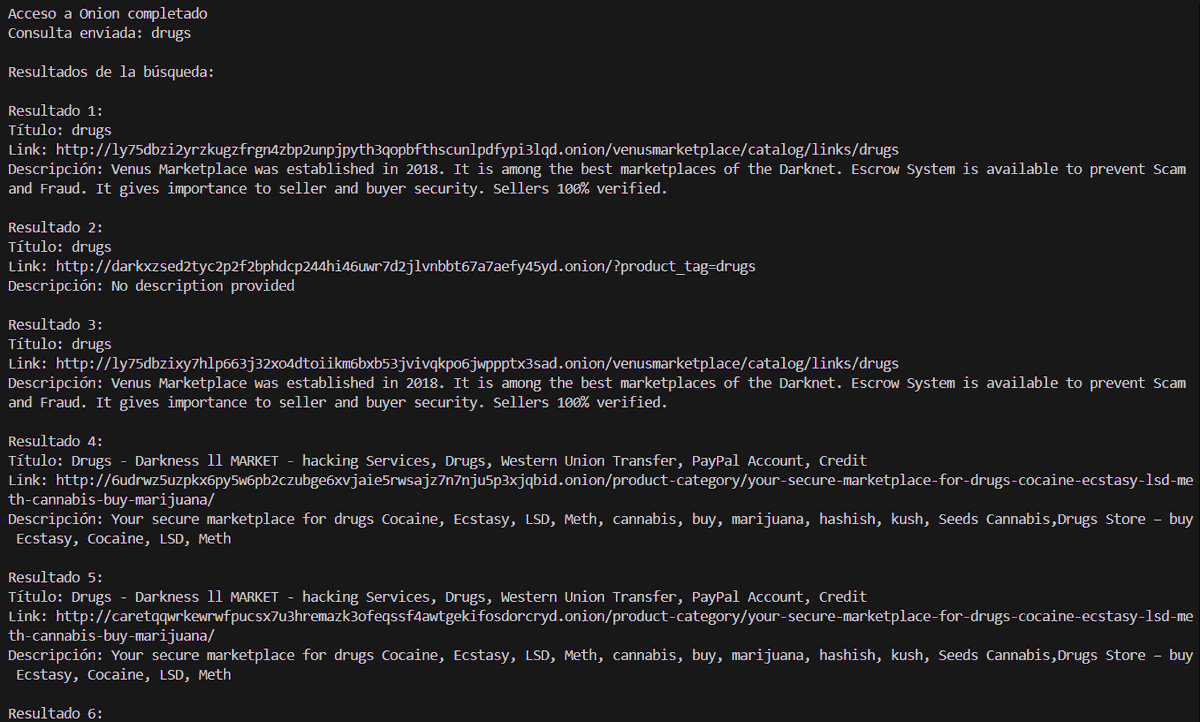 ivancastl's tweet photo. Este script en Python te permitirá encontrar información en la dark web, importante en investigaciones OSINT.

Desde la consola, puedes obtener la palabra clave, por ejemplo, "drugs", y traer las coincidencias, que pueden ser 10, 20, 30 resultados o todos. Te traerá el título, el enlace y la descripción. Una vez teniendo el enlace Onion, deberás ir al navegador Tor e indagar en el sitio.

Instalación: Descarga ChromeDriver desde https://t.co/aHwt8dAb82 y ejecútalo con Python desde cualquier consola.

¿Cómo funciona?
ChromeDriver va al sitio https://t.co/AdNQc41QdN, accede al formulario, hace la consulta, luego pulsa el botón "Search", obtiene los resultados y trae las consultas a tu gusto.

También puedes adaptarlo a bots en Telegram, sitios propios o algún sistema de monitoreo.

Link del script: https://t.co/tsxd8j0YrD

#python #OSINT #onion