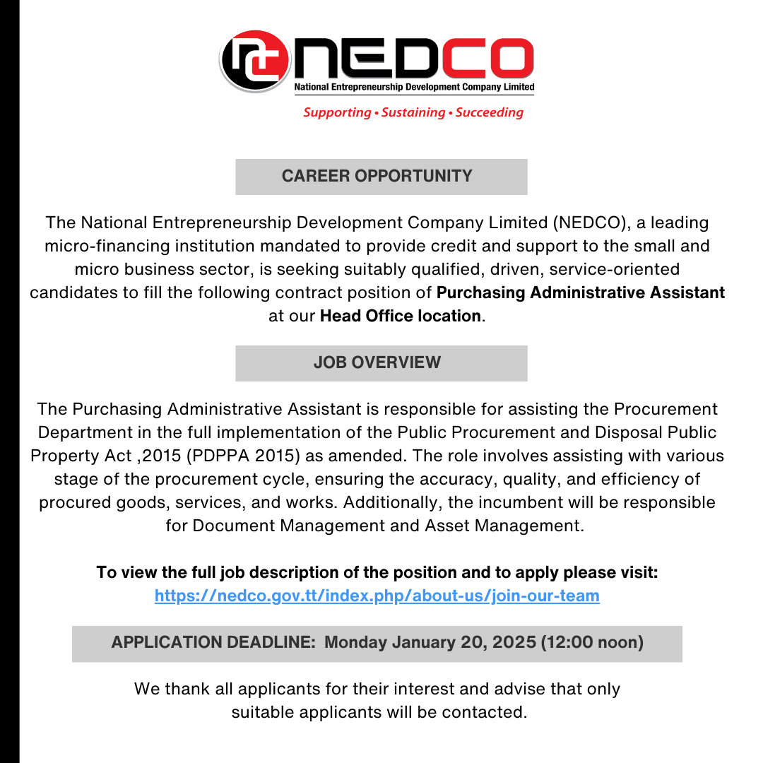NedcoTT's tweet photo. 🔥 Job Alert! 
NEDCO is hiring a Purchasing Administrative Assistant! Join our leading micro-financing institution to support procurement operations. 

Contract position, deadline Jan 20, 2025 @ noon. Apply now: https://t.co/5xdMkSqz35 
#Careers #Trinidad #Procurement https://t.co/mUab0gvgaH
