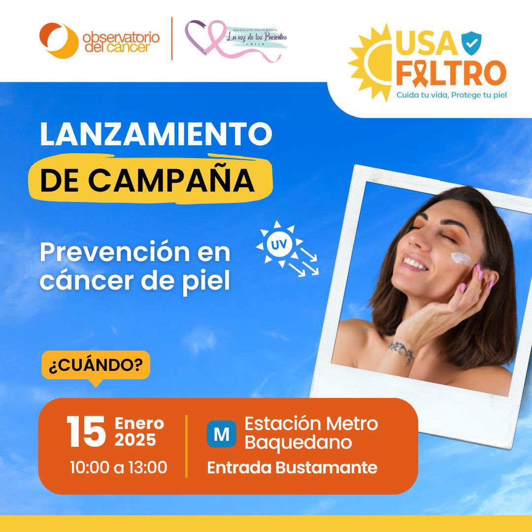 🌞Te invitamos al lanzamiento de la Campaña “Usa Filtro”, de prevención en cáncer de piel. 

🗓️Miércoles 15 de enero a las 10:00 hrs.
📍Estación de Metro Baquedano, combinación línea 5.

Acompañanos y descubre por qué debes cuidar tu piel durante todo el año.🙌🏼🧴