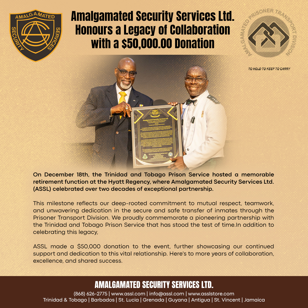 asslgroup's tweet image. On December 18th, the Trinidad and Tobago Prison Service hosted a memorable retirement function at the Hyatt Regency, where Amalgamated Security celebrated over two decades of exceptional partnership.

#AmalgamatedSecurity #Partnership #Excellence #Collaboration