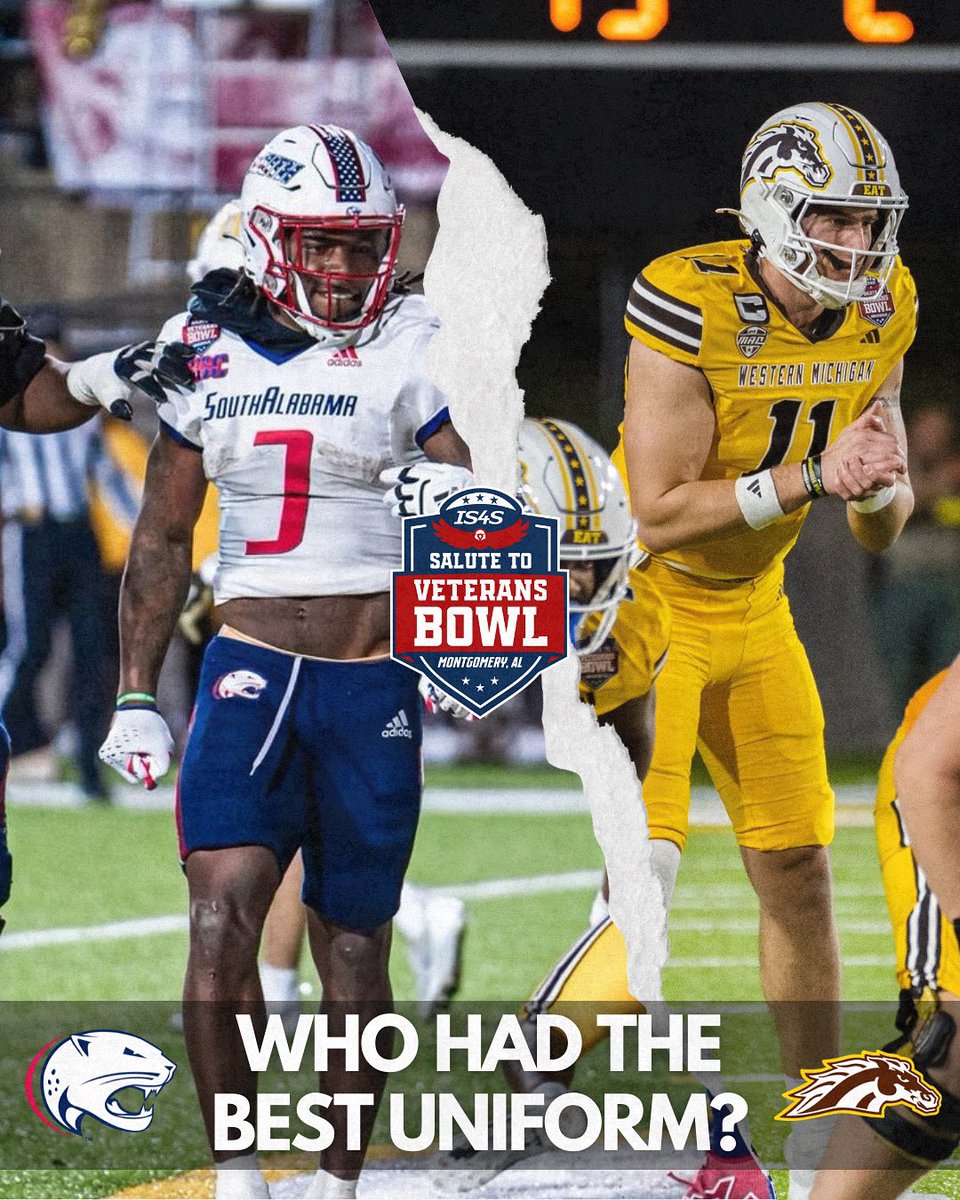 Bowl Season (@bowlseason) on Twitter photo Who had the best uniform at the <a href="/Salute2VetsBowl/">IS4S Salute to Veterans Bowl</a>? <a href="/SouthAlabamaFB/">South Alabama Football ๐</a> or <a href="/WMU_Football/">Western Michigan Football</a>? ๐ณ๏ธ๐ Who had the best uniform at the <a href="/Salute2VetsBowl/">IS4S Salute to Veterans Bowl</a>? <a href="/SouthAlabamaFB/">South Alabama Football ๐</a> or <a href="/WMU_Football/">Western Michigan Football</a>? ๐ณ๏ธ๐