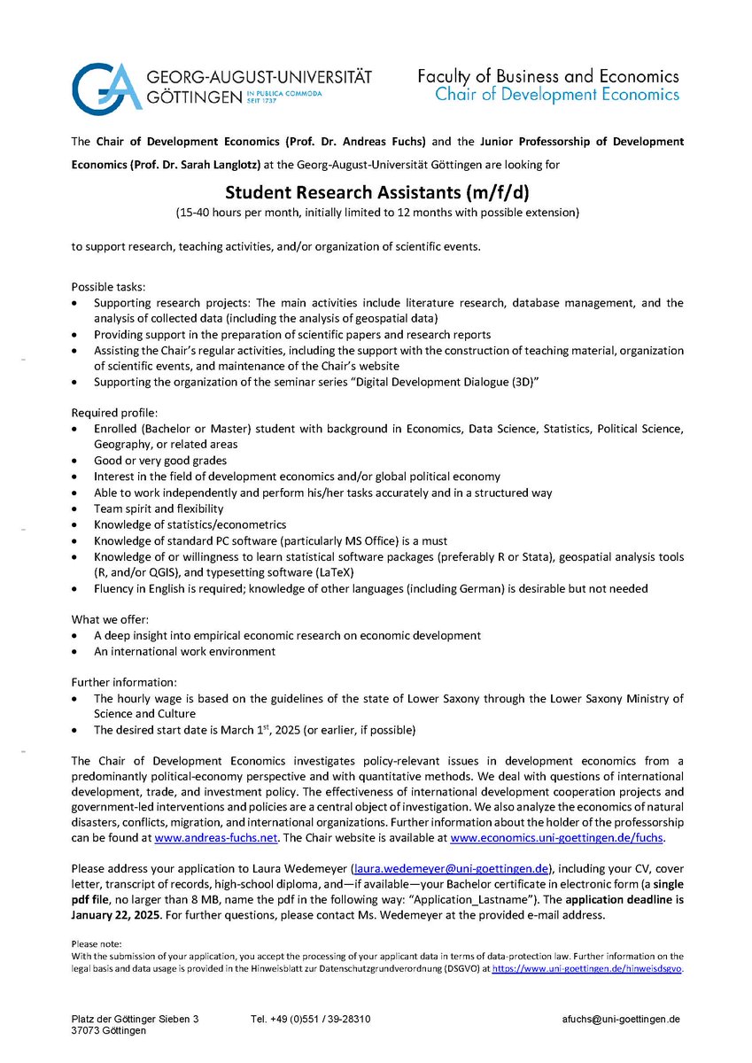 LennartKap (@lennartkap) on Twitter photo 📣 Our chair of development economics is looking for research assistants. I look forward to receive your applications. <a href="/LanglotzSarah/">Sarah Langlotz</a> , <a href="/wiwigoettingen/">Wirtschaftswissenschaftliche Fakultät Göttingen</a> , <a href="/fuchs_andreas/">Andreas Fuchs</a> 📣 Our chair of development economics is looking for research assistants. I look forward to receive your applications. <a href="/LanglotzSarah/">Sarah Langlotz</a> , <a href="/wiwigoettingen/">Wirtschaftswissenschaftliche Fakultät Göttingen</a> , <a href="/fuchs_andreas/">Andreas Fuchs</a>