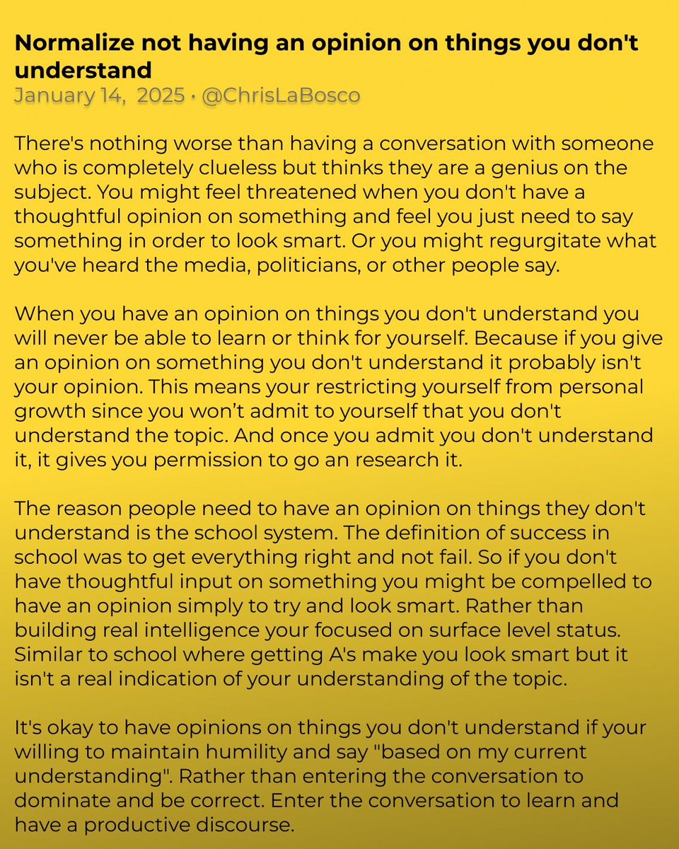 Christian LaBosco (@chrislabosco) on Twitter photo Normalize not having an opinion on things you don't understand Normalize not having an opinion on things you don't understand