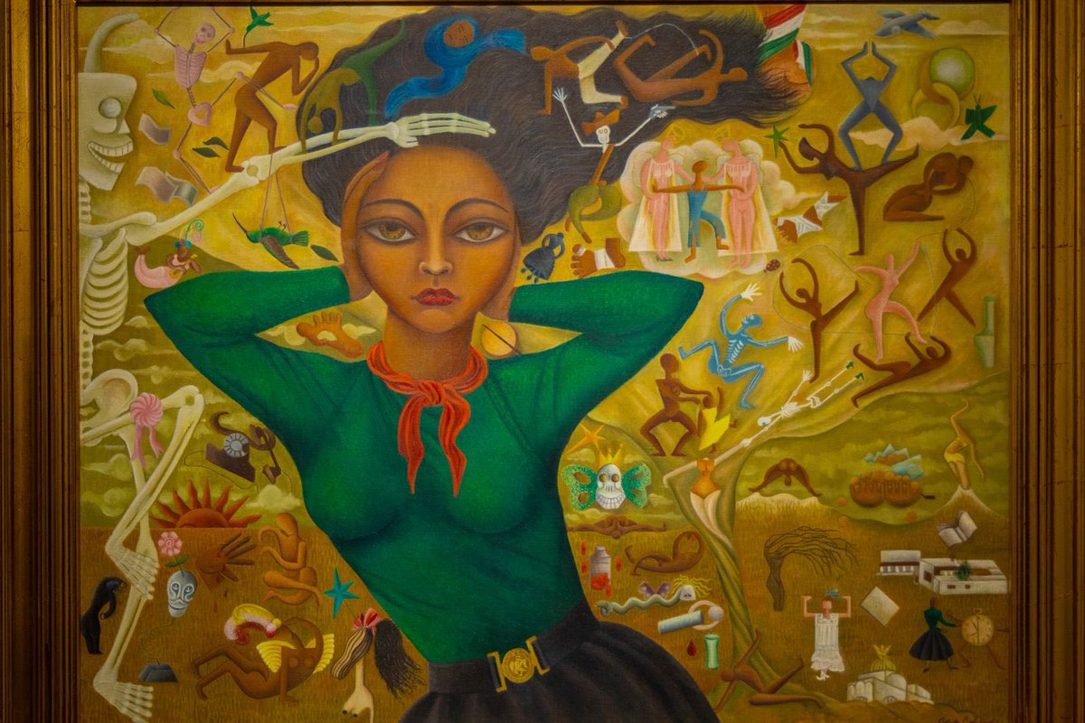 irenevalmore's tweet photo. En el #MuseodeArteModerno de CdMx descubrí a Rosa Rolanda: pintora, bailarina, coreógrafa, fotógrafa y diseñadora. Un despliegue de talentos. 

En su autorretrato mira con audacia al observador. A su espalda, reminiscencias de su pasado como bailarina y un tapiz de símbolos. https://t.co/7dilgTRAEw