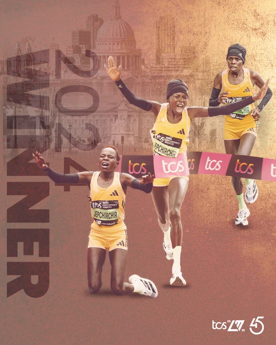 A graphic to promote the return of women's only marathon world record holder and the defending elite women's TCS London marathon champion, Peres Jepchirchir.

The graphic includes three images of Jepchirchir running and celebrating as part of the 2024 race.

There is text up the left-hand side of the graphic that reads:

"2024 WINNER"

The TCS London Marathon and 45th anniversary logo is in the bottom right hand corner of the graphic.