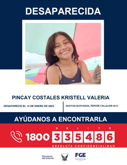 🔴 #ATENCIÓN | Kristell Valeria Pincay Costales, fue reportada como desaparecida el 12 de enero de 2025, en #Guayaquil, provincia del #Guayas.

📞 Si tienes algún tipo de información comunícate al 1800-DELITO (335486).