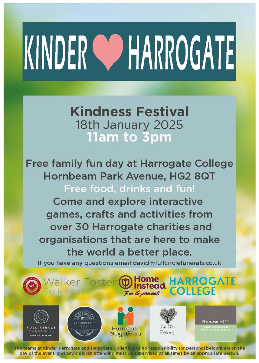 This Saturday we're looking forward to joining a celebration of the #PowerOfKindness at the #KinderHarrogate❤️Festival. 

Free food, drinks &amp; family friendly activities with over 30 organisations taking part, making #Harrogate a better, kinder place. 

hadca.org.uk/events/kinder-…