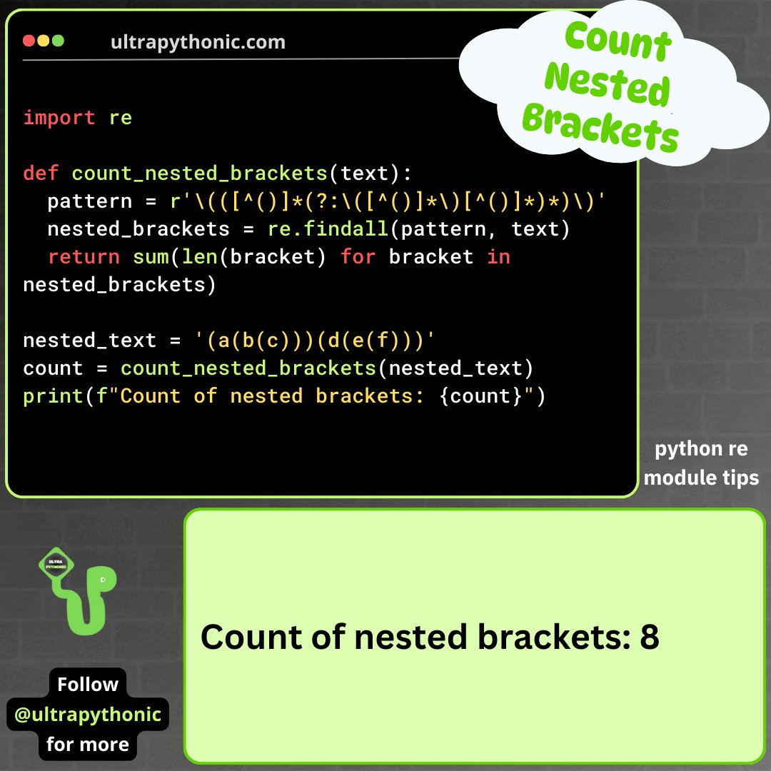 ultrapythonic's tweet image. Count Nested Brackets using Python
#programming #ultrapythonic #pythonprogramming #developer #programmer #softwaredeveloper #computerscience #ai #ml #machinelearning #DataScience #SoftwareDevelopment #DevOps #100DaysOfCode #Python