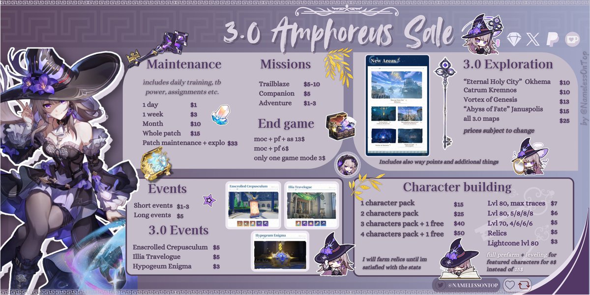 HSR 3.0 AMPHOREUS SALE

✮ ⋆ ˚｡ 🏛️ Amphoreus update  is here with The Herta ⋆｡° ☾

Your not ready for the 3.0 update but want to enjoy it? Don’t worry I can help you with new explo, quests , events and character building ! 

🔮Dm now if interested !🗝️

#hsr #hsrtwt #hsrpilot