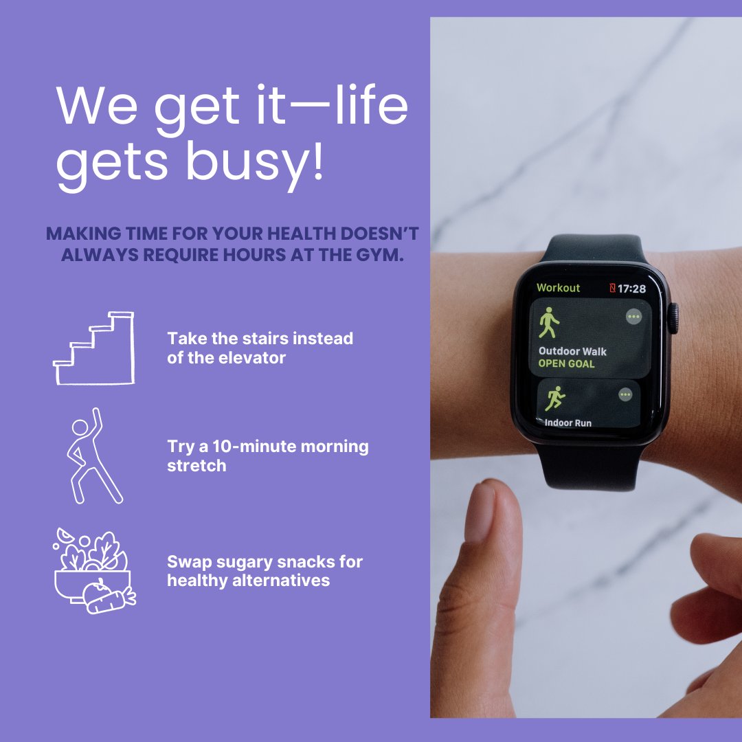 Between work, family, &amp; everything else, it can be hard to find time to focus on fitness. But making time for your health doesn’t always require hours at the gym. Here are a few quick hacks to try out!

👉 What’s your favorite time-saving fitness tip/ healthy habit?