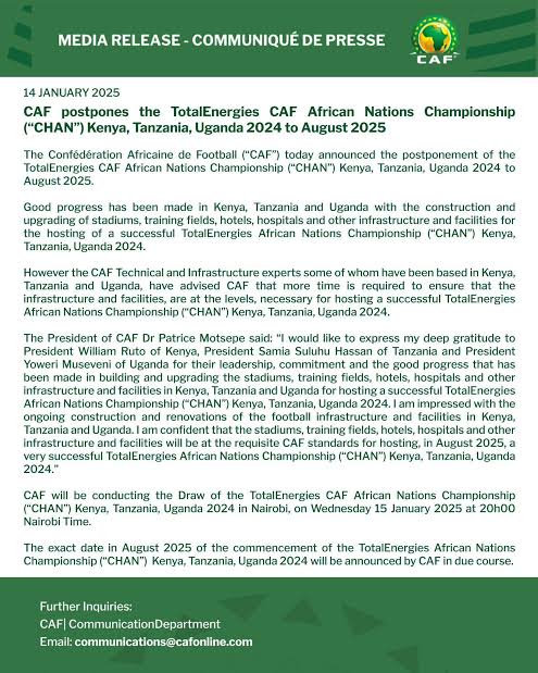 CAF Postpones CHAN 2024 to August 2025 

The African Nations Championship (CHAN) has been postponed just weeks before it was due to kick off in Kenya, Tanzania and Uganda, the Confederation of African Football said on Tuesday.