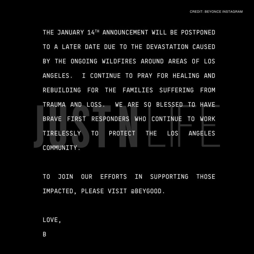 TheJustNLife's tweet image. #Beyoncé is postponing her big announcement today to focus on helping with the #LAFires ❤️ 

She donated $2.5 MILLION through #BeyGOOD to support the lost homes, churches, and community centers.