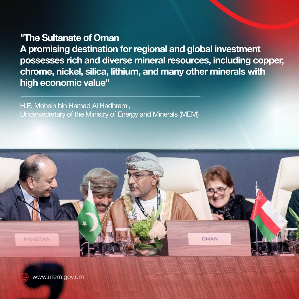 memgovom's tweet image. H.E. Mohsin bin Hamad Al Hadhrami, Undersecretary of the Ministry of Energy and Minerals, highlighted Oman’s rich mineral resources and its potential as a global investment destination at the International Mining Conference 2025 in Riyadh, KSA
#InvestOMAN #FutureOfMining