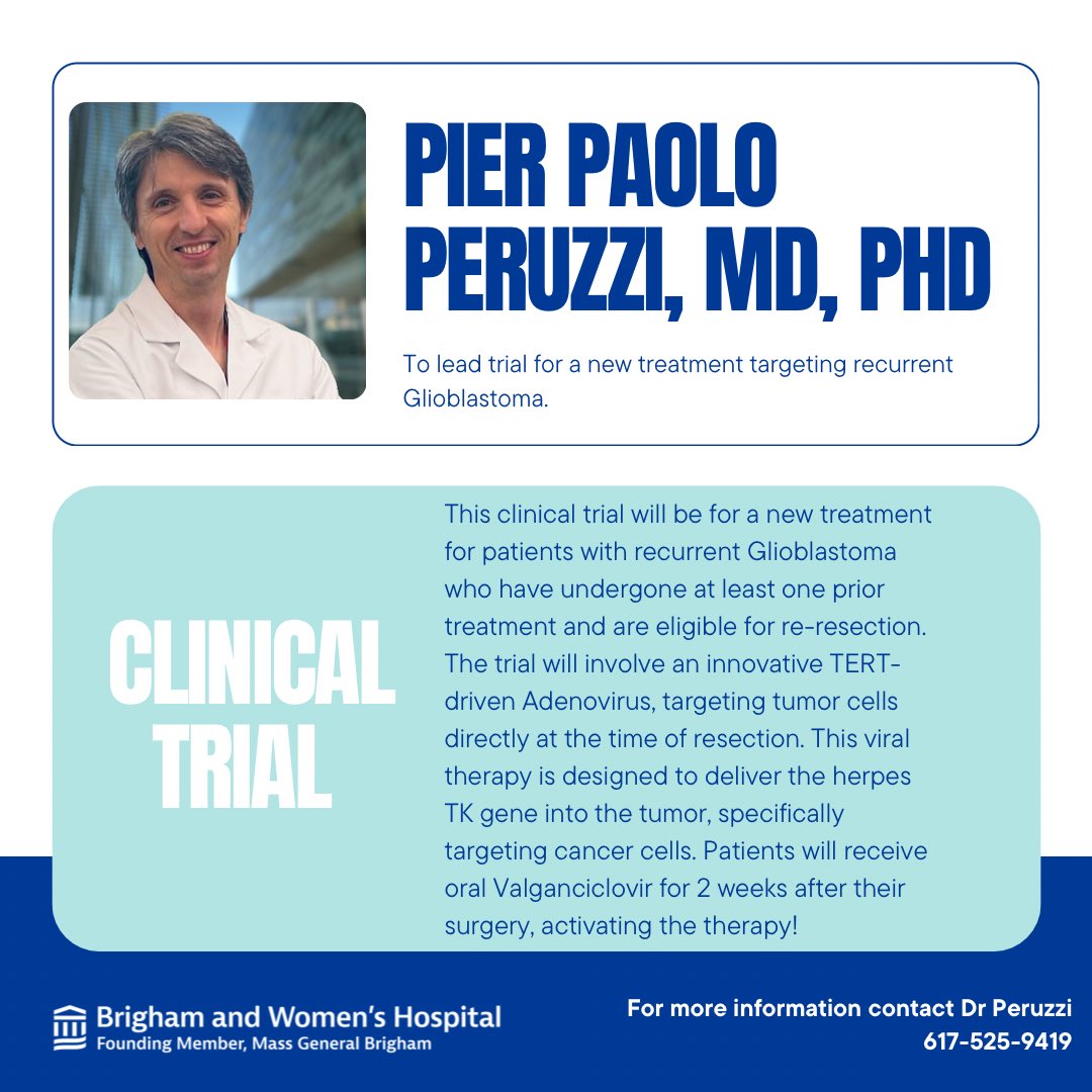 New Clinical Trial for Glioblastoma Patients! 🚨 
We're excited to announce that Dr. Peruzzi has been approved to begin a Phase 1 trial for a new treatment targeting recurrent Glioblastoma. This trial is for patients who have tried at least one previous treatment and are eligible