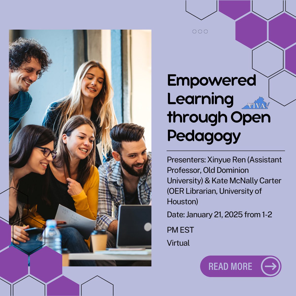 REMINDER:
Upcoming VIVA community session:
 Empowered Learning through Open Pedagogy
🗓 January 21, 2025
⏰ 1–2 PM EST
💻 Virtual
With:
🌟 Xinyue Ren (ODU)
🌟 Kate McNally Carter (UH)
 Register now: vivalib.org/va/open/engage…

#OpenPedagogy  #HigherEd #vivalibraries