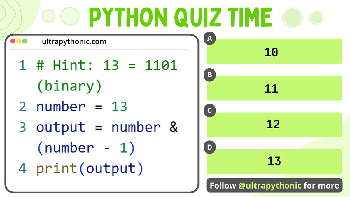 ultrapythonic's tweet image. Python Quiz - Check Your Binary Digit Knowledge
#programming #ultrapythonic #pythonprogramming #developer #programmer #softwaredeveloper #computerscience #ai #ml #machinelearning #DataScience #SoftwareDevelopment #DevOps #100DaysOfCode #Python