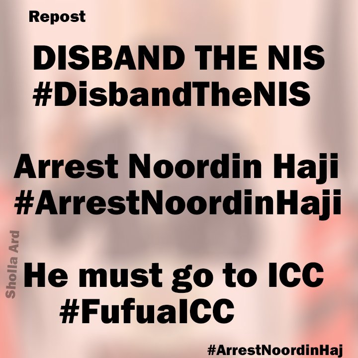 First 👉🏼 Disband the NIS 

2nd 👉🏼 Arrest Noordin Haji 

3rd 👉🏼 Take him to the ICC 

Hashtags 

#DisbandTheNIS 
#FufuaICC 

Denzel and all others killed must get justice ⚖️⚖️⚖️⚖️