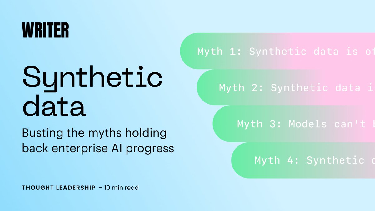 Get_Writer's tweet image. Synthetic data may hold the key to breaking #AI scaling laws, but what does “synthetic data” actually mean? @waseem_s debunks 4 myths hindering #syntheticdata adoption: poor quality, &quot;fakeness,&quot; exclusive reliance, and significant risks. 

💡 Learn more: hubs.ly/Q032vHd60